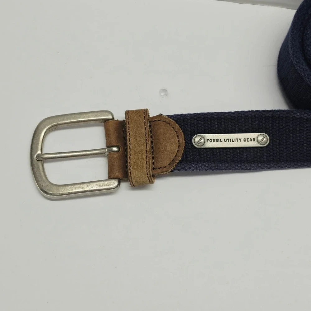 Fossil Utility Gear Mens Navy Blue Canvas Web Belt Leather Trim Size 38